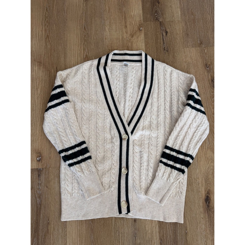 PINK Preppy Cable Knit Cardigan Women M Ivory Striped V-Neck Button Front Tennis